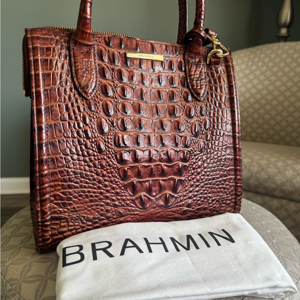 Brahmin Caroline Pecan Melbourne Genuine Leather Tote & Matching Wristlet/Wallet - Picture 2 of 12